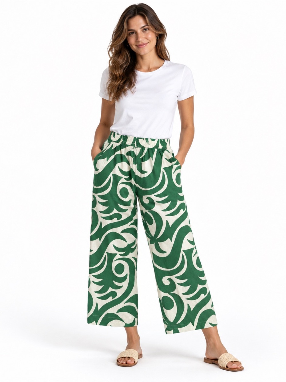 Panama Jack Green and Cream Wide-Leg Printed Palazzo Pants Small Women’s